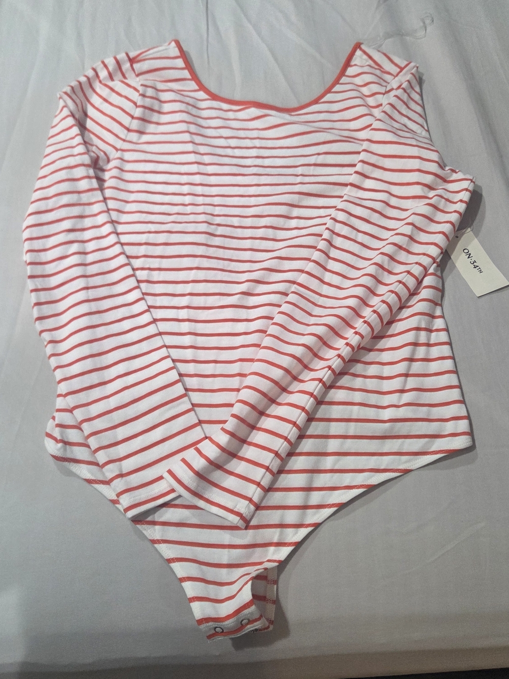 Women’s Long-Sleeve Striped Bodysuit - White with Coral Stripes